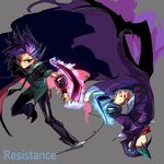  black_hair blue_hair cape coat duel_disk highres kurosaki_shun multicolored_hair multiple_boys necktie purple_hair scarf tarishite_(appolite01) two-tone_hair yuu-gi-ou yuu-gi-ou_arc-v yuuto_(yuu-gi-ou_arc-v) 