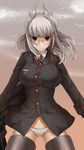  breasts commentary eiri_(eirri) glasses gloves head_wings heidimarie_w_schnaufer large_breasts long_hair looking_at_viewer military military_uniform no_pants panties red_eyes silver_hair solo strike_witches striker_unit underwear uniform white_panties world_witches_series 