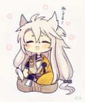  ayu_(mog) bad_id bad_pixiv_id closed_eyes japanese_clothes kogitsunemaru long_hair low-tied_long_hair male_focus open_mouth simple_background solo touken_ranbu translated white_background 