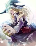  backlighting bad_id bad_pixiv_id bag black_dress blonde_hair bow braid dress eredhen hat hat_bow juliet_sleeves kirisame_marisa long_hair long_sleeves looking_at_viewer mini-hakkero open_mouth puffy_sleeves shirt single_braid solo star touhou witch_hat yellow_eyes 