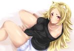  animal_ears bad_id bad_pixiv_id blonde_hair breasts highres kuchibue_(tanima_club) large_breasts long_hair original purple_eyes ribbed_sweater simple_background solo sweater thighs white_background 
