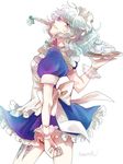  apron blue_dress blue_eyes braid cup dress holster izayoi_sakuya knife maid maid_apron maid_headdress puffy_short_sleeves puffy_sleeves rosette_(roze-ko) short_sleeves silver_hair solo teacup teapot thigh_holster throwing_knife touhou tray twin_braids weapon wrist_cuffs 
