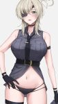  1girl amyu_(amm_asl_pa) arm_strap belt black_belt black_choker black_gloves black_necktie black_panties blonde_hair blue_archive blush breasts choker eyepatch gloves green_eyes grey_shirt halo hand_on_own_hip highres large_breasts looking_at_viewer medium_hair necktie no_pants open_mouth panties shirt simple_background sleeveless sleeveless_shirt solo suou_(blue_archive) thigh_strap underwear yellow_halo 