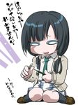  black_hair black_legwear blush boxcutter brown_footwear chibi jacket long_hair low_twintails necktie sharpening shirobako shoes sitting socks solo teoshiguruma translation_request twintails wariza yasuhara_ema 