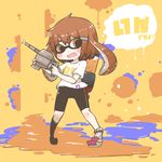  bike_shorts blush_stickers brown_eyes brown_hair fang highres ikazuchi_(kantai_collection) inishie ink_tank_(splatoon) inkling kantai_collection looking_at_viewer mismatched_footwear open_mouth pun short_hair solo splatoon_(series) splatoon_1 tentacle_hair translated 