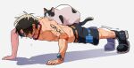  1boy animal animal_on_back arm_tattoo black_footwear black_hair boots bracelet cat clenched_teeth elbow_pads english_commentary exercising full_body highres jewelry kameoka908 log_pose necklace one_piece pearl_necklace portgas_d._ace pouch push-ups shadow single_elbow_pad sweat tattoo teeth thigh_pouch topless_male twitter_username 