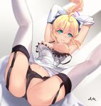 ahoge artoria_pendragon_(all) black_bra black_panties blonde_hair bra breasts breasts_outside dress elbow_gloves fate/stay_night fate/unlimited_blade_works fate_(series) garter_straps gloves green_eyes highres i.a.m.genesic medium_breasts nipples panties ponytail restrained saber solo spread_legs thighhighs underwear white_dress white_gloves white_legwear 