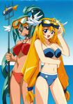  bikini blonde_hair goggles green_hair head_wings hydra_(ufo_princess_valkyrie) long_hair pitch_fork ponytail purple_eyes swimsuit twintails ufo_princess_valkyrie valkyrie_(ufo_princess_valkyrie) 