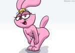  3_fingers 3_toes areola breasts brown_nose chowder_(series) cub eyelashes female half-closed_eyes lagomorph mammal nipples open_mouth panini_(chowder) pink_eyes pink_nipples pokehidden rabbit simple_background small_breasts smile solo teeth toes tongue white_background young 