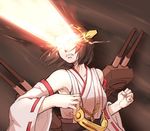  bare_shoulders cyclops_(x-men) detached_sleeves eye_beam hairband japanese_clothes kantai_collection kirishima_(kantai_collection) nontraditional_miko parody short_hair solo toritora turret x-men 