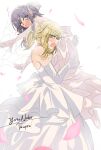  2girls artist_name blonde_hair blue_hair blush bridal_veil carrying carrying_person commentary dress elbow_gloves falling_petals gloves green_eyes highres izumi_shiho medium_hair mizuguchi_aki multiple_girls one_side_up open_mouth petals purple_eyes sasayaku_you_ni_koi_wo_utau sidelocks simple_background strapless strapless_dress veil wedding_dress white_background wife_and_wife yoruneko_(liampadolina) yuri 