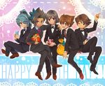  absurdres bad_id bad_pixiv_id blue_hair blush brown_eyes brown_hair crossover english formal gift hair_over_one_eye happy_birthday highres ichinose_kazuya inazuma_eleven inazuma_eleven_(series) inazuma_eleven_go inazuma_eleven_go_galaxy kazemaru_ichirouta long_hair looking_at_viewer male_focus matatagi_hayato matsukaze_tenma matsumoto_achi multicolored_hair multiple_boys necktie one_eye_closed open_mouth ponytail shindou_takuto sitting smile suit time_paradox two-tone_hair 