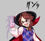  :d ajia_(otya3039) aura blouse brown_eyes brown_hair cape clothes_writing dragon_ball dragon_ball_z glasses hat low_twintails magic motion_lines open_mouth runes short_hair smile touhou twintails usami_sumireko vest 