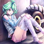  ahoge belt boots bracelet choker collarbone green_hair ground_vehicle highres jewelry motor_vehicle motorcycle rin_(yuu-gi-ou_arc-v) short_hair shorts sitting solo thigh_boots thighhighs white_footwear white_legwear yellow_eyes yoyo_(seawayseed) yuu-gi-ou yuu-gi-ou_arc-v zipper 