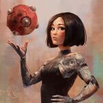  1girl absurdres alita android battle_angel_alita brown_hair floating hand_on_own_hip highres looking_at_viewer mark_on_face mechanical_arms sam_yang short_hair simple_background 