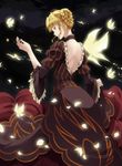  backless_dress backless_outfit beatrice blonde_hair blue_eyes bug butterfly choker dress from_behind hair_bun highres insect kiyumi looking_back petals pipe smile umineko_no_naku_koro_ni wide_sleeves 