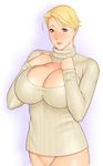  blonde_hair blue_eyes blush bottomless breasts cleavage cleavage_cutout eighth_wonder haruka_athena huge_breasts lips lipstick looking_at_viewer makeup mature meme_attire naked_sweater open-chest_sweater out-of-frame_censoring ribbed_sweater short_hair solo sweater takasugi_kou turtleneck uchi_no_musume_ni_te_wo_dasuna! 