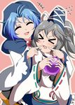  &gt;_&lt; 2girls ^_^ blue_hair bwell cheek_poking closed_eyes flying_sweatdrops hat hat_ribbon hood kumoi_ichirin long_sleeves mononobe_no_futo multiple_girls open_mouth poking ponytail ribbon shirt silver_hair skirt smile touhou wide_sleeves 