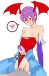  1girl bat_print blue_legwear censored flat_chest head_wings heart internal_cumshot jpeg_artifacts licking_lips lilith_aensland pantyhose print_legwear puffy_nipples purple_hair red_eyes sex short_hair smile spoken_heart tetsu_(kimuchi) tongue tongue_out topless torn_clothes torn_pantyhose vampire_(game) white_background 