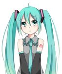  detached_sleeves green_eyes green_hair hatsune_miku long_hair mirin necktie simple_background solo tattoo twintails very_long_hair vocaloid white_background 