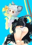  animal_ears ass barefoot blue_background blush capelet cheese food from_behind grey_hair long_sleeves looking_at_viewer looking_back mouse_ears mouse_tail nazrin open_mouth panties pantyshot polpol red_eyes short_hair simple_background solo sweatdrop tail text_focus touhou underwear upskirt white_panties 