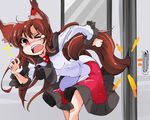  animal_ears brooch brown_hair downscaled dress imaizumi_kagerou jewelry long_hair md5_mismatch one_eye_closed open_mouth red_eyes resized shinapuu solo stuck tail touhou wolf_ears wolf_tail 