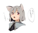  animal_ears capelet grey_hair hasebe_yuusaku jewelry looking_at_viewer mouse_ears nazrin necklace open_mouth red_eyes short_hair simple_background solo speech_bubble sweatdrop text_focus touhou translated upper_body white_background 