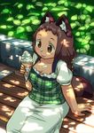  :p arm_support bench braid brown_eyes brown_hair collarbone dappled_sunlight food highres ice_cream ice_cream_cone long_hair messy original outdoors plaid plant raccoon_tail short_sleeves skirt smile soft_serve solo sunlight tail tongue tongue_out yutturi 