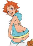  :d aqua_jacket ass backless_jacket backless_outfit bangs bare_arms bikini_top blush body_blush boots bottomless breasts brown_footwear butt_crack commentary_request covering covering_crotch fat_mons flat_color forehead from_behind front-tie_bikini front-tie_top fujimiya_kazane future_card_buddyfight hood hood_down hooded_jacket jacket jacket_tug kneeling looking_at_viewer looking_back nori_(akusei_shinseibutsu) open_clothes open_jacket open_mouth orange_hair pink_eyes pussy_peek round_teeth short_bangs short_hair simple_background sleeveless_jacket smile solo sweat sweating_profusely tareme teeth thighhighs very_short_hair white_background white_bikini_top white_legwear 