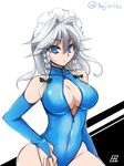  1girl artist_name bare_shoulders blue_eyes braid breasts bridal_gauntlets cleavage cleavage_cutout curvy female front_zipper_swimsuit hair_ribbon highres izayoi_sakuya large_breasts long_hair looking_at_viewer maid_headdress one-piece_swimsuit ribbon signature silver_hair simple_background skin_tight solo swimsuit tajima_yuuki touhou twin_braids wide_hips 