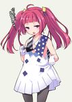  :o ahoge black_legwear blush cowboy_shot dress gloves h-a-j-i-m-a-r-i-u-t-a-!! harumi_shinju long_hair looking_at_viewer mutou_kurihito pantyhose pleated_dress polka_dot purple_eyes red_hair skirt_hold solo striped tokyo_7th_sisters translated twintails white_dress white_gloves 