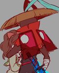  1girl alto168 bad_id bad_pixiv_id bandages brown_hair dark_skin from_behind hat height_difference high_ponytail katana kodama_fumika long_hair sandogasa shoubushi sketch sword weapon youkai youkai_watch 