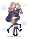  ^_^ bag black_footwear black_legwear brown_hair closed_eyes coat commentary earmuffs full_body gloves handbag highres hoshizora_rin hug hug_from_behind kneehighs koizumi_hanayo leg_lock love_live! love_live!_school_idol_project multiple_girls nishikino_maki orange_hair otonokizaka_school_uniform pantyhose purple_eyes red_hair scarf school_uniform shipii_(jigglypuff) shoes short_hair skirt snowflakes sweatdrop white_background 