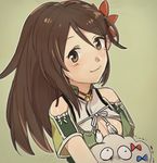  amagi_(kantai_collection) bare_shoulders brown_eyes brown_hair carrying cleavage_cutout close-up closed_mouth fig_(lchijiku) flower from_side hair_between_eyes hair_flower hair_ornament kantai_collection long_hair looking_at_viewer miss_cloud mole mole_under_eye ponytail remodel_(kantai_collection) short_sleeves smile solo upper_body 