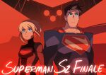  1boy 1girl 38sr black_bodysuit black_hair blonde_hair blue_eyes bodysuit brainiac cape clark_kent cousins dc_comics my_adventures_with_superman red_background robot supergirl superhero_costume superman superman_(series) superman_logo upper_body 