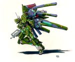  antennae assault_rifle commentary english_commentary gun highres jeff_sorley marker_(medium) mecha no_humans original rifle running shadow signature simple_background sketch solo traditional_media weapon 
