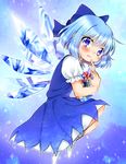  barefoot blue_background blue_dress blue_eyes blue_hair blush cirno dress flower frozen gradient gradient_background hair_ornament hair_ribbon ice ice_wings looking_at_viewer namino. puffy_sleeves ribbon short_hair short_sleeves socks solo tears touhou vest white_legwear wings 
