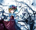  ascot bad_id bad_pixiv_id blonde_hair bow dress flandre_scarlet hat hat_bow laevatein looking_at_viewer mob_cap pink_eyes puffy_short_sleeves puffy_sleeves red_dress rinne_(kouheiramia) sash scythe shirt short_sleeves solo touhou 