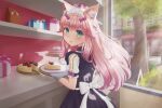  1girl absurdres animal_ear_fluff animal_ears back_bow bakery black_dress blueberry blush bow braid cake cake_slice cat_ears cat_girl cheesecake closed_mouth commentary cowboy_shot day dress english_commentary floating_hair food fraise_(nekopara) from_behind fruit green_eyes hair_between_eyes hair_bow hand_up happy highres holding holding_tray indoors lips long_hair looking_at_viewer maid maid_headdress nekopara no_tail pink_hair puffy_short_sleeves puffy_sleeves purple_bow ringtext shop short_sleeves side_braid sidelocks single_braid sleeve_bow sleeveless sleeveless_dress slit_pupils smile solo strawberry tray very_long_hair wavy_hair white_bow 