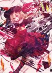  ascot blonde_hair choker collarbone dress fang flandre_scarlet hat hat_ribbon highres looking_at_viewer mirimo mob_cap red_dress red_eyes red_footwear ribbon shoes solo touhou 