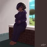  barefoot big_hero_6 black_hair breasts bubble_blowing chewing_gum gogo_tomago hands_in_pockets hood hoodie kevinsano large_breasts looking_at_viewer plump purple_eyes short_hair signature smile solo thick_thighs thighs 