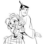  1girl back-to-back buck_teeth cartoon cartoonized ed_herny freckles genderswap greyscale height_difference japanese_clothes kimono monochrome official_style puffy_sleeves samurai_jack samurai_jack_(character) the_scotsman topknot v 