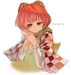  apron bell checkered hair_bell hair_ornament japanese_clothes jpeg_artifacts long_sleeves motoori_kosuzu orange_hair pisoshi short_hair simple_background smile solo text_focus touhou two_side_up upper_body white_background wide_sleeves 
