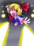  blonde_hair fang hair_ribbon open_mouth outstretched_arms red_eyes ribbon rumia shinapuu short_hair smile solo touhou 