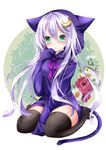  alternate_costume animal_ears animal_hood black_legwear blush cat_hood cat_tail crescent crescent_hair_ornament green_eyes hair_ornament hand_to_own_mouth hood hoodie kantai_collection looking_at_viewer nanase_nao purple_hair short_hair short_hair_with_long_locks sitting sleeves_past_wrists solo tail thighhighs wariza yayoi_(kantai_collection) 