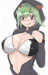  1girl a.k.o.t. bikini bikini_top black_jacket breasts digimon digimon_world_re:digitize female goggles goggles_around_neck green_hair jacket large_breasts orange_eyes shinomiya_rina short_hair sketch smile solo swimsuit underboob 