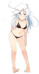  bad_feet bad_id bad_pixiv_id barefoot bikini blue_eyes breasts full_body hammer_and_sickle hat hibiki_(kantai_collection) highres kantai_collection long_hair matsunoki_(unknown_751) navel silver_hair simple_background small_breasts solo swimsuit verniy_(kantai_collection) white_background 