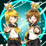  androgynous arm_warmers blonde_hair bow brother_and_sister chibi clenched_hand green_eyes grey_eyes hair_bow hair_ornament hairclip headset highres kagamine_len kagamine_rin kotobuki_shiraha multiple_girls one_eye_closed sailor_collar short_shorts shorts siblings twins vocaloid yellow_eyes 