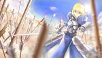  ahoge armor armored_dress arrow artoria_pendragon_(all) bad_id bad_pixiv_id blonde_hair blue_sky breastplate day dutch_angle excalibur fate/stay_night fate_(series) faulds field_of_blades gauntlets green_eyes halberd highres lens_flare nullnat planted_arrow planted_sword planted_weapon polearm puffy_sleeves saber short_hair sky solo spear sword weapon 
