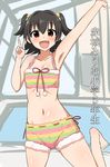  :d akagi_miria arm_up armpits barefoot bikini bikini_shorts black_hair brown_eyes idolmaster idolmaster_cinderella_girls navel open_mouth pom_pom_(clothes) rei_no_pool ribbon-trimmed_swimsuit ribbon_trim senshiya short_hair shorts smile solo swimsuit tankini twintails two_side_up v 